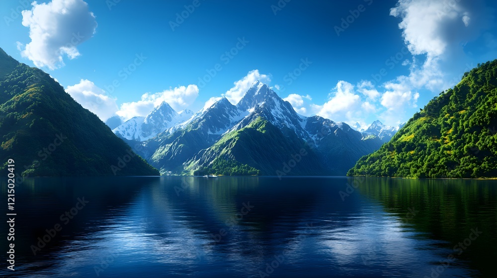 Fototapeta premium Serene Reflection of Majestic Mountains in Calm Blue Water