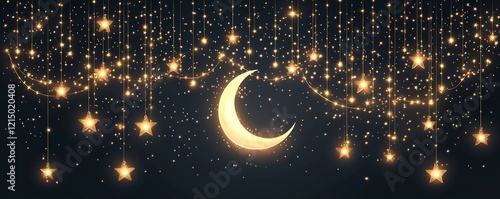 Festive golden, glowing lights garland with a crescent moon and stars on a transparent background, vector illustration.