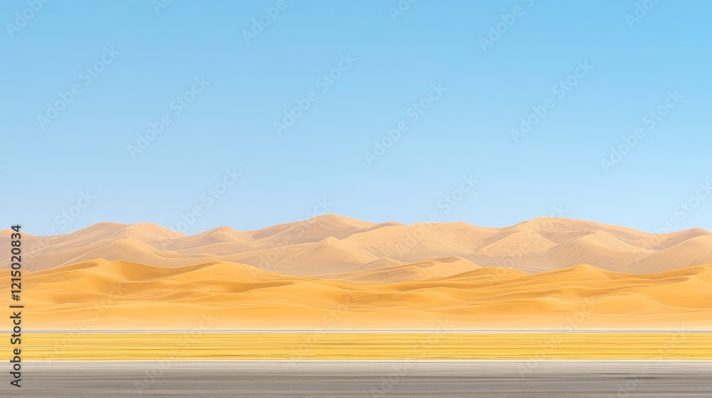 Fototapeta premium Vast Desert Landscape with Golden Sand Dunes and Distant Mountains Under a Clear Blue Sky