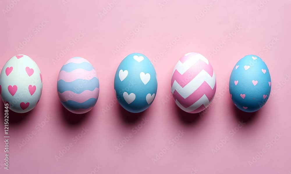 Collection of Precisely organized Eggs with Heart Patterns. Pink and Blue Easter Background. Collection of Precisely organized Eggs with Heart Patterns. Pink and Blue Easter Background.