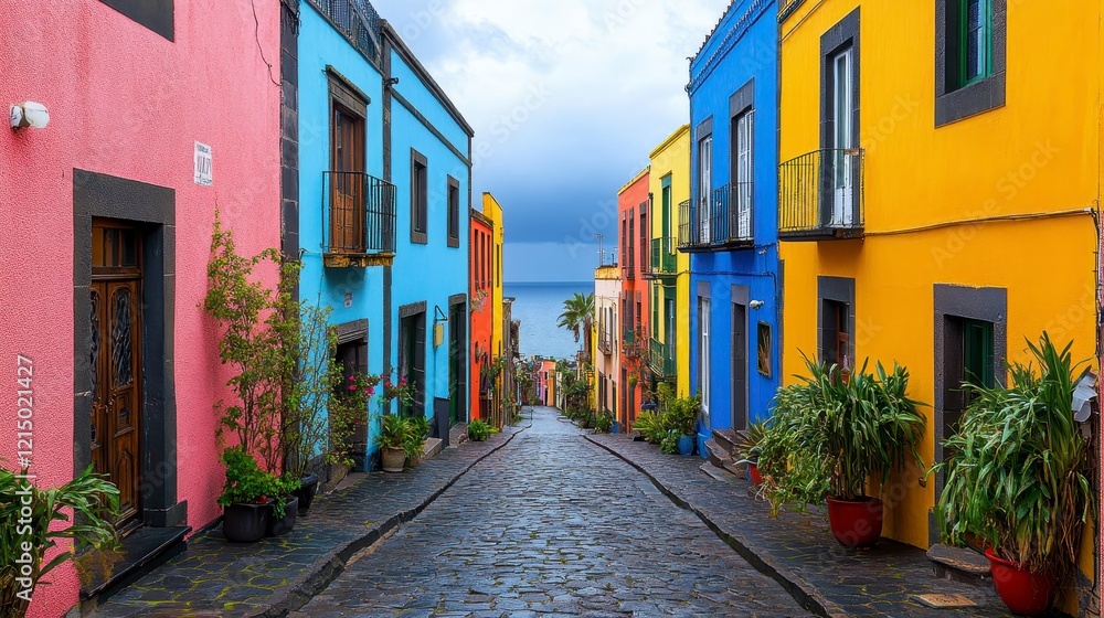 Fototapeta premium Vibrant Coastal Town with Colorful Houses and Cobblestone Street