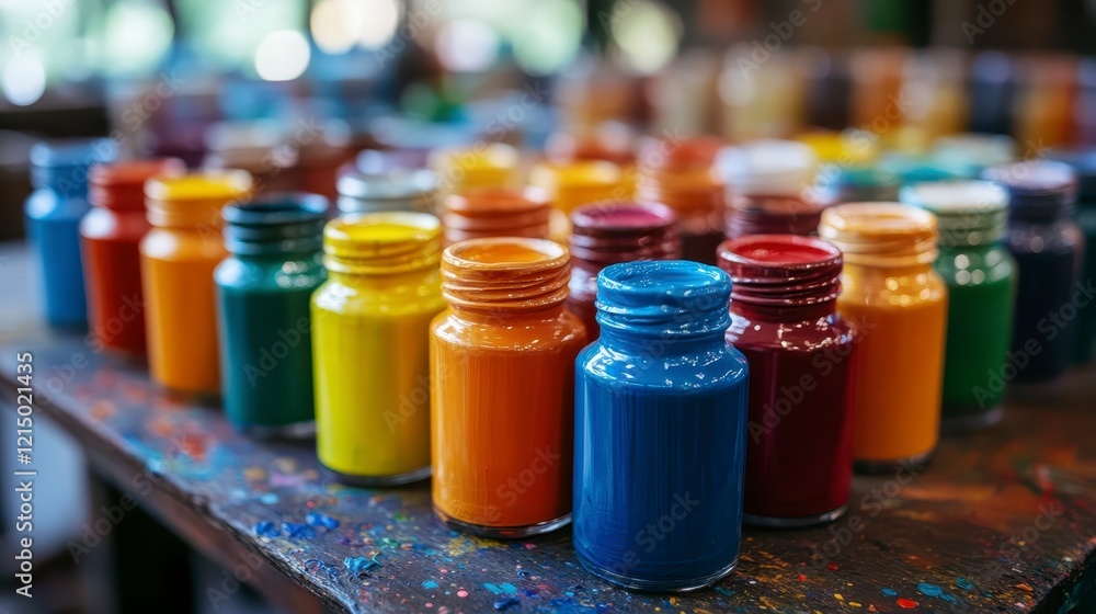 Vibrant Collection of Colorful Paint Jars in an Art Studio Vibrant Collection of Colorful Paint Jars in an Art Studio