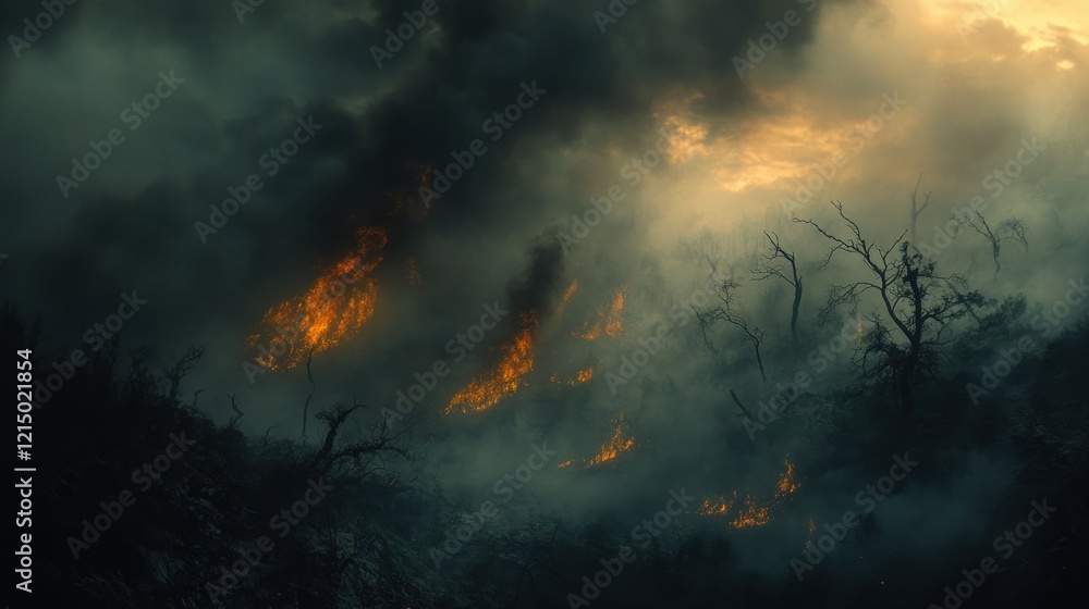 Naklejka premium Forest Fire in Smoky Twilight