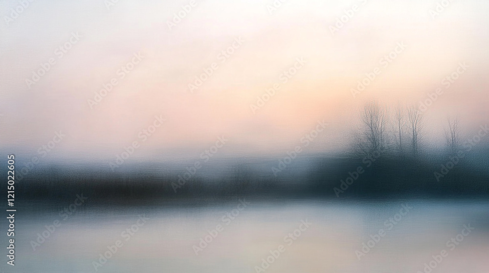 Fototapeta premium Serene landscape with misty lake and silhouettes of trees during early morning light