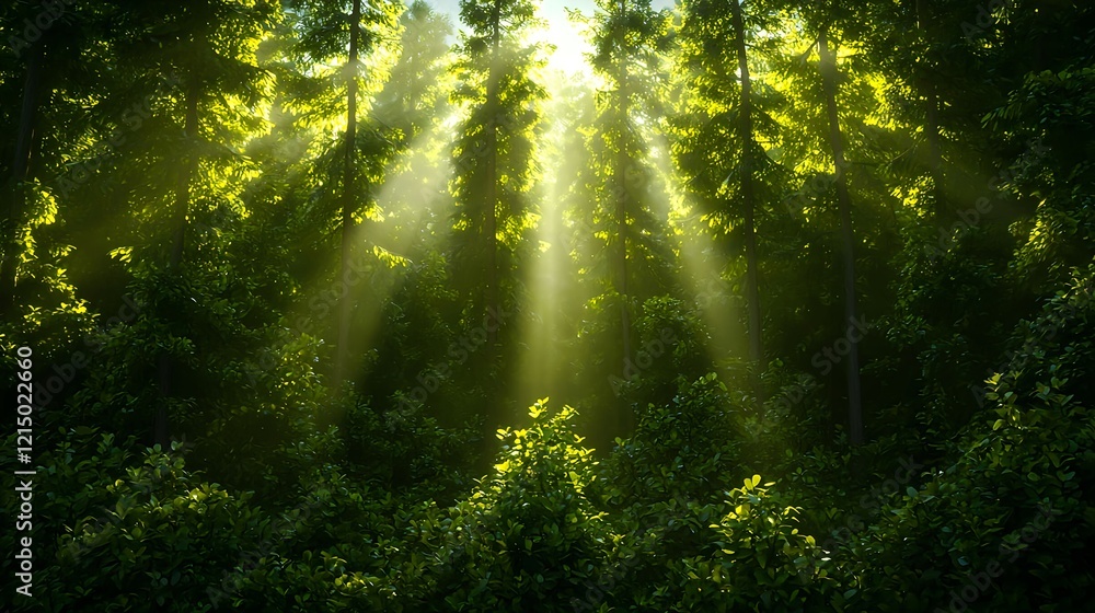 Fototapeta premium Ethereal Sunlight Streaming Through Green Forest Trees