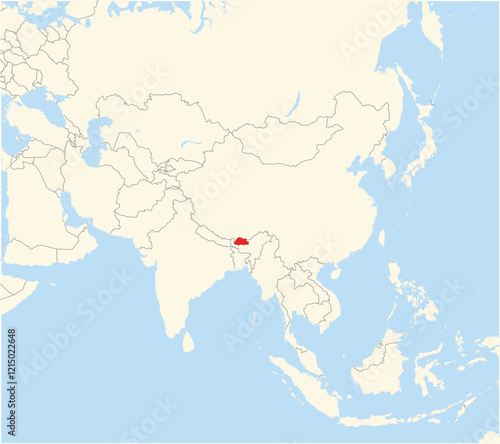 Location Map of the country Bhutan in Asia. The country is highlighted with a red polygon. No labels at all.