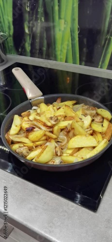 Potatoes with mushrooms are fried in a frying pan on an electric stove