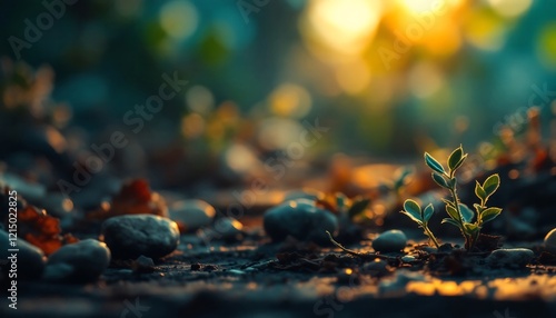 Sunrise Sprout: Tiny Plant Emerging Among Rocks at Dawn - Nature Stock Photo