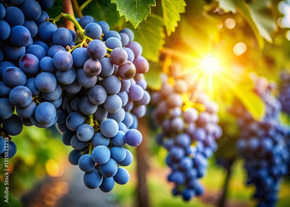 Juicy Blue Grapes on Vine, Shallow Depth of Field, Sunny Vineyard Juicy Blue Grapes on Vine, Shallow Depth of Field, Sunny Vineyard