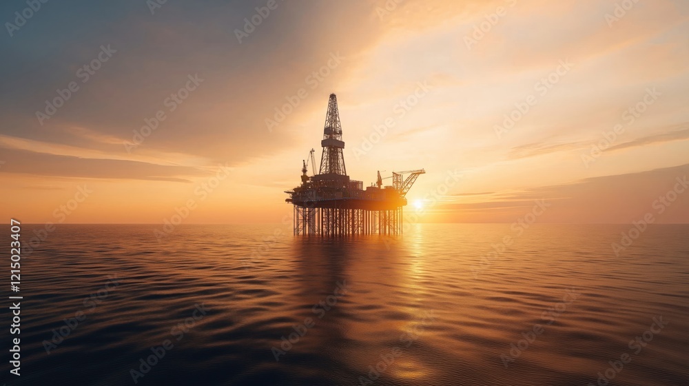 Offshore oil rig stands tall in calm sea at sunset. Sunrise sunset light bathes platform, water. Silhouette of rig prominent against colorful sky. Industrial energy equipment. Powerful ocean waves Offshore oil rig stands tall in calm sea at sunset. Sunrise sunset light bathes platform, water. Silhouette of rig prominent against colorful sky. Industrial energy equipment. Powerful ocean waves