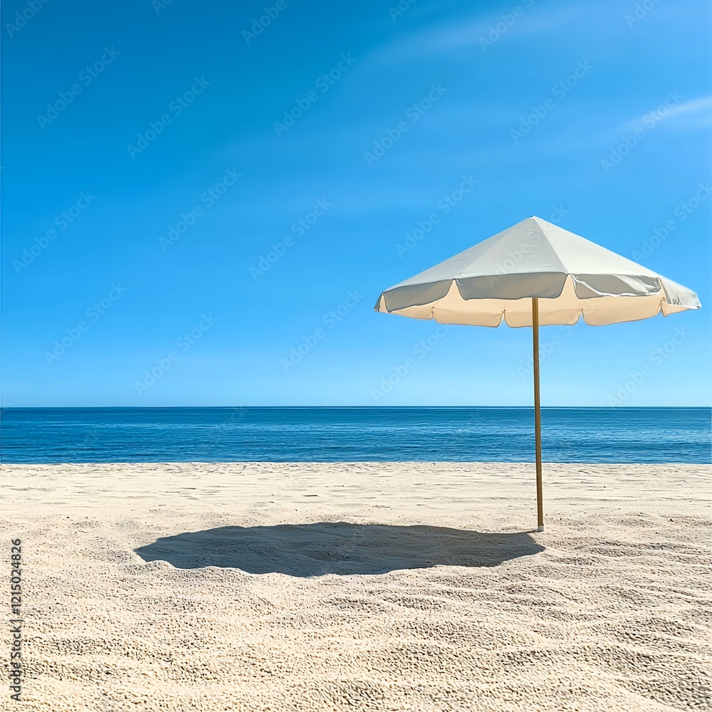 Fototapeta premium Serene Beach with Umbrella Under Clear Sky and Calm Ocean Waves