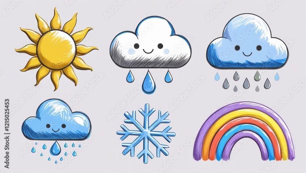 Cute Hand Drawn Weather Icons Sun Clouds Rain Snow Rainbow Perfect for Children s Illustrations Cute Hand Drawn Weather Icons Sun Clouds Rain Snow Rainbow Perfect for Children s Illustrations