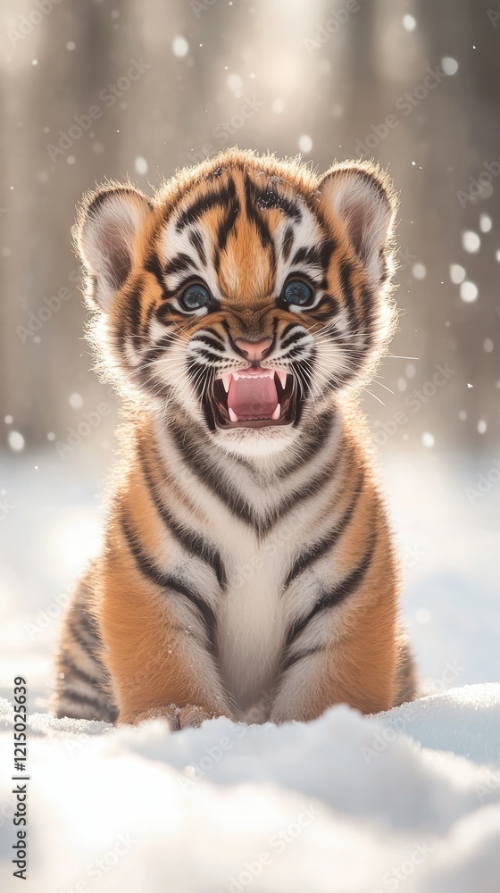 Obraz premium Playful baby tiger roaming in snowy forest wildlife photography winter wonderland close-up view