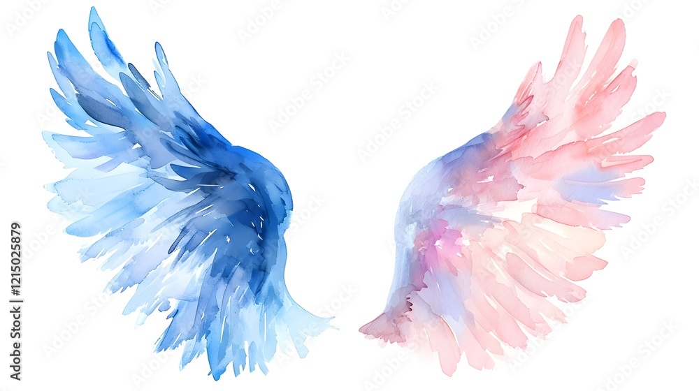Obraz premium Watercolor Blue and pink angel wings Painting on white background, Holy spirit, Card, Invitation, Angelic, Church, Christian Art, Spiritual HD Wall art print