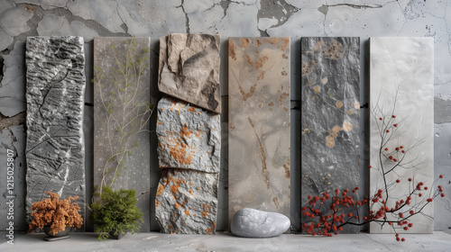 Variety of natural stone slabs displayed against a weathered wall. Each slab exhibits unique textures and colors, ranging from dark gray to light beige, with some incorporating patterns of orange  photo