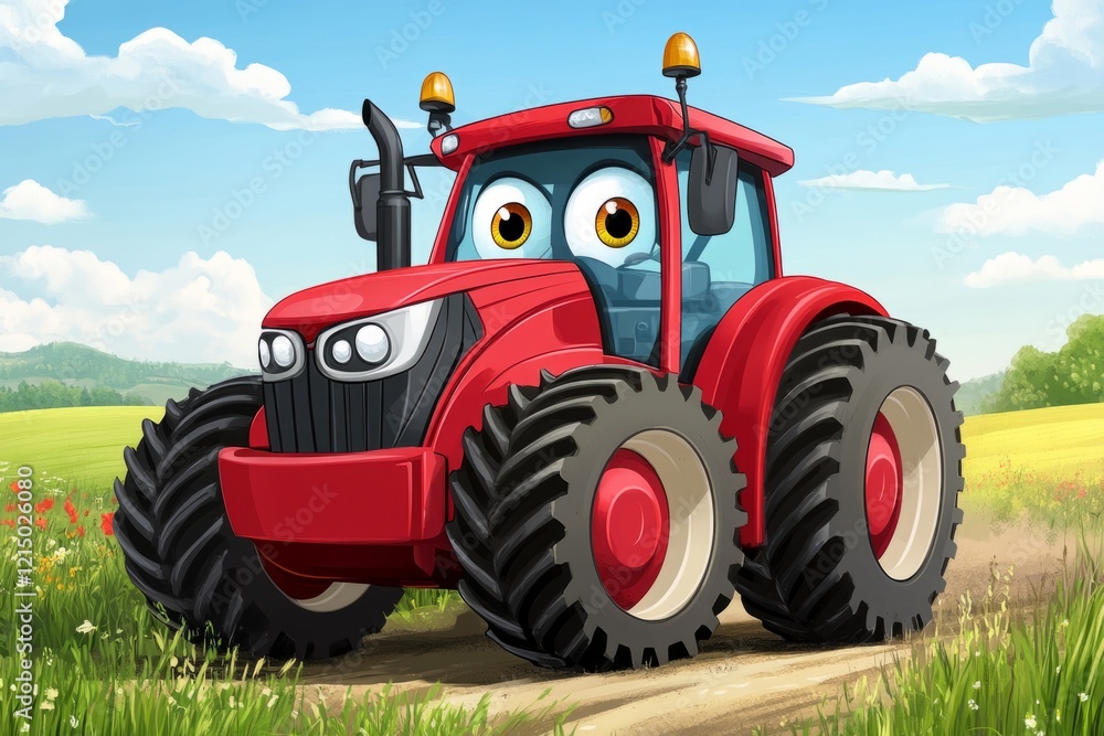 Red cartoon tractor driving on a countryside road near a cultivated field, in a sunny day Red cartoon tractor driving on a countryside road near a cultivated field, in a sunny day