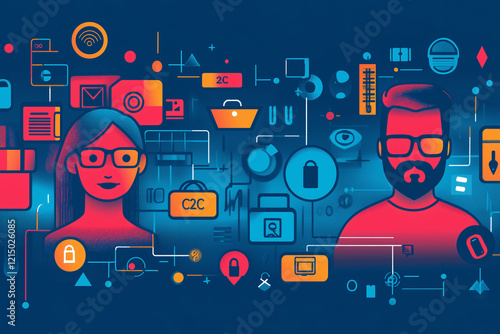 Wallpaper Mural "C2C" with arrows connecting two simple user avatars, surrounded by icons of products and price tags. Bright lighting, contrast Torontodigital.ca