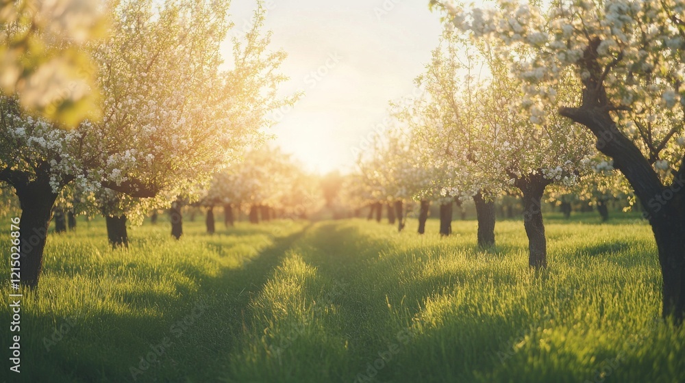 Fototapeta premium A tranquil orchard with rows of fruit trees in bloom under soft morning sunlight, Orchard scene, Serene and pastoral style