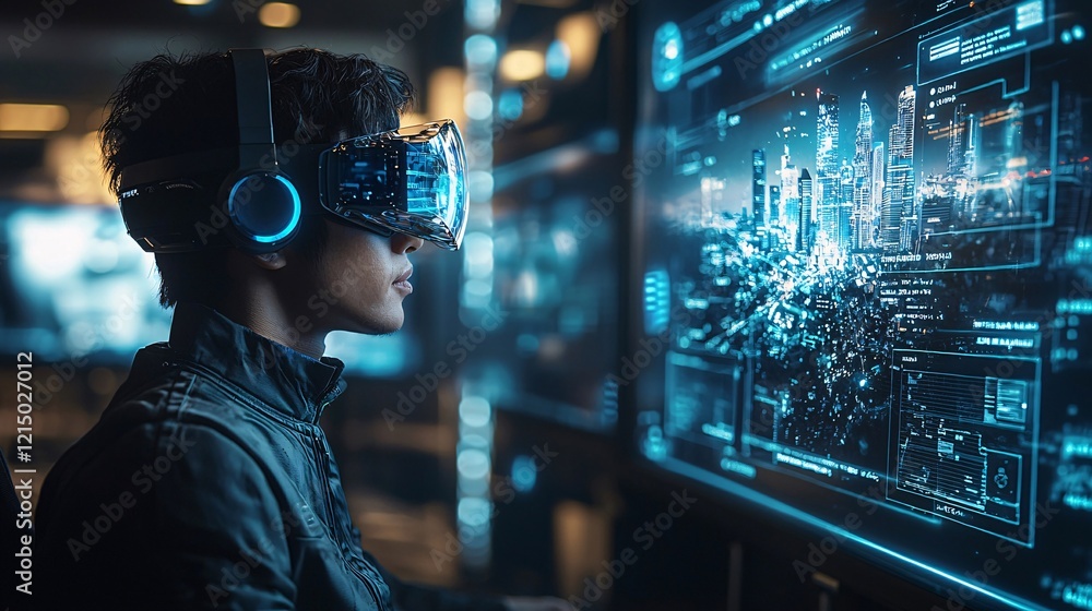 Man Wearing VR Headset in a Futuristic Digital Environment Man Wearing VR Headset in a Futuristic Digital Environment