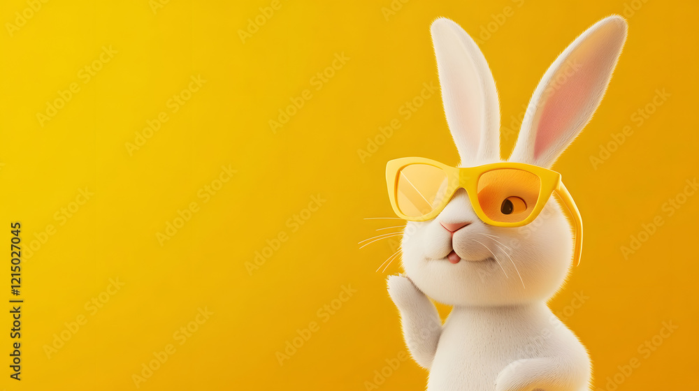 Obraz premium Cute, happy, smiling rabbit wearing pink sunglasses against a yellow background