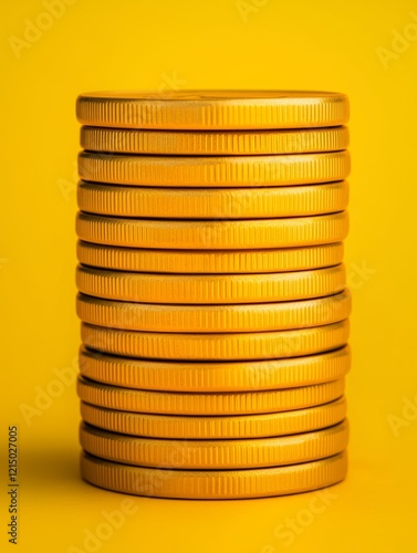 Stack of 3D Clay Coins Shaped with Fine Details Against a Bright Yellow Background