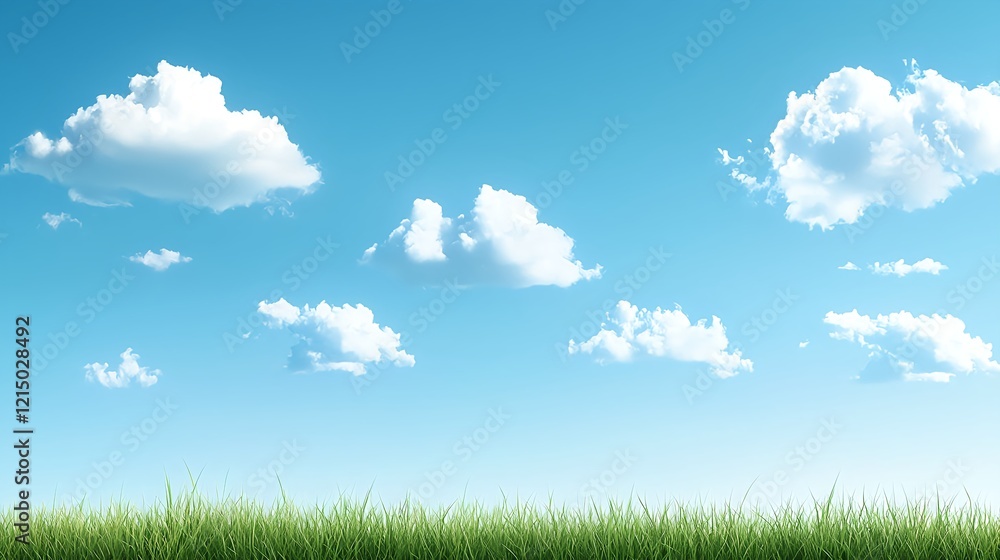 Serene Blue Sky with Fluffy White Clouds over Green Grass Field Serene Blue Sky with Fluffy White Clouds over Green Grass Field