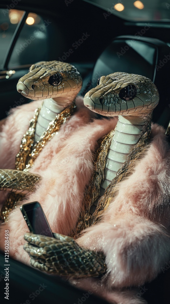Naklejka premium Fashionable reptiles in luxury car urban nightlife high-quality photography stylish environment close-up perspective