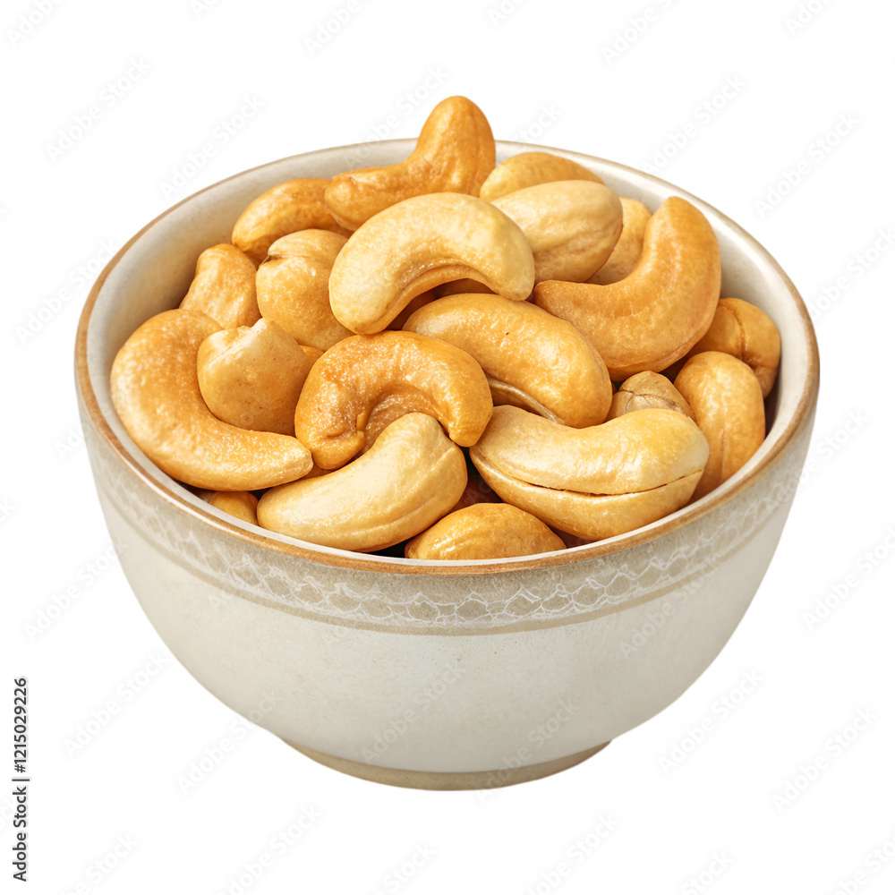 Fototapeta premium Roasted cashew nuts in a bowl isolated on transparent background in high-quality PNG and PSD