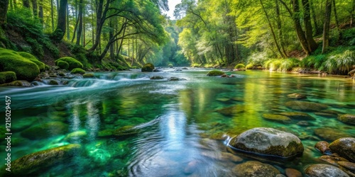 Close-up shot of a crystal clear river flowing through a lush forest, nature, crystal, river, forest, clear