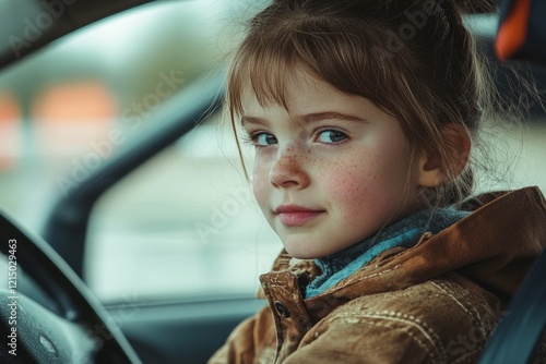 Portrait of a cute young girl with freckles pretending to drive a car, holding the steering wheel photo