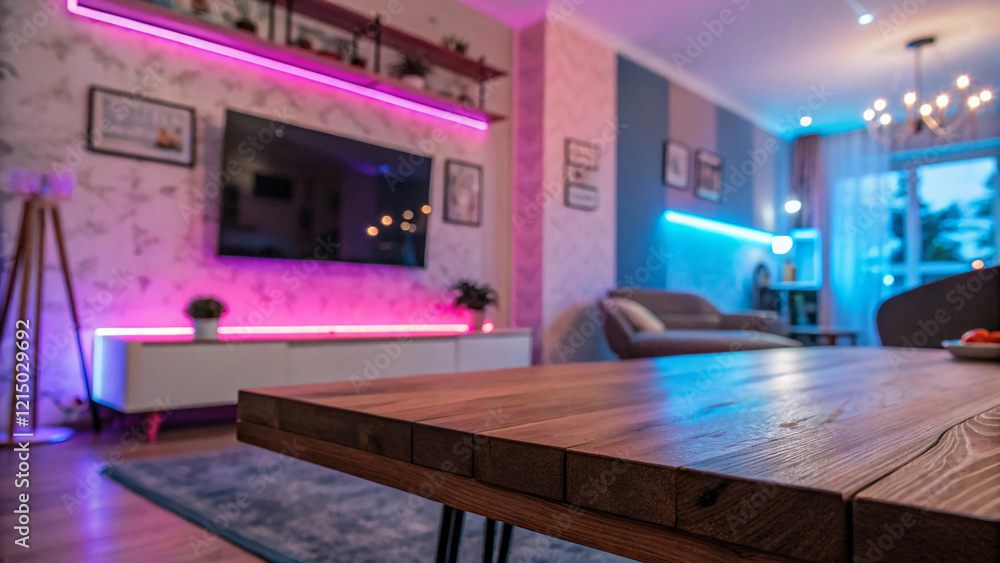 Close-up of modern living room with table room with a table, background, neon light background with light pink blue lights neon, Wood table with blurred modern apartment,gallery, office, business, mon Close-up of modern living room with table room with a table, background, neon light background with light pink blue lights neon, Wood table with blurred modern apartment,gallery, office, business, mon