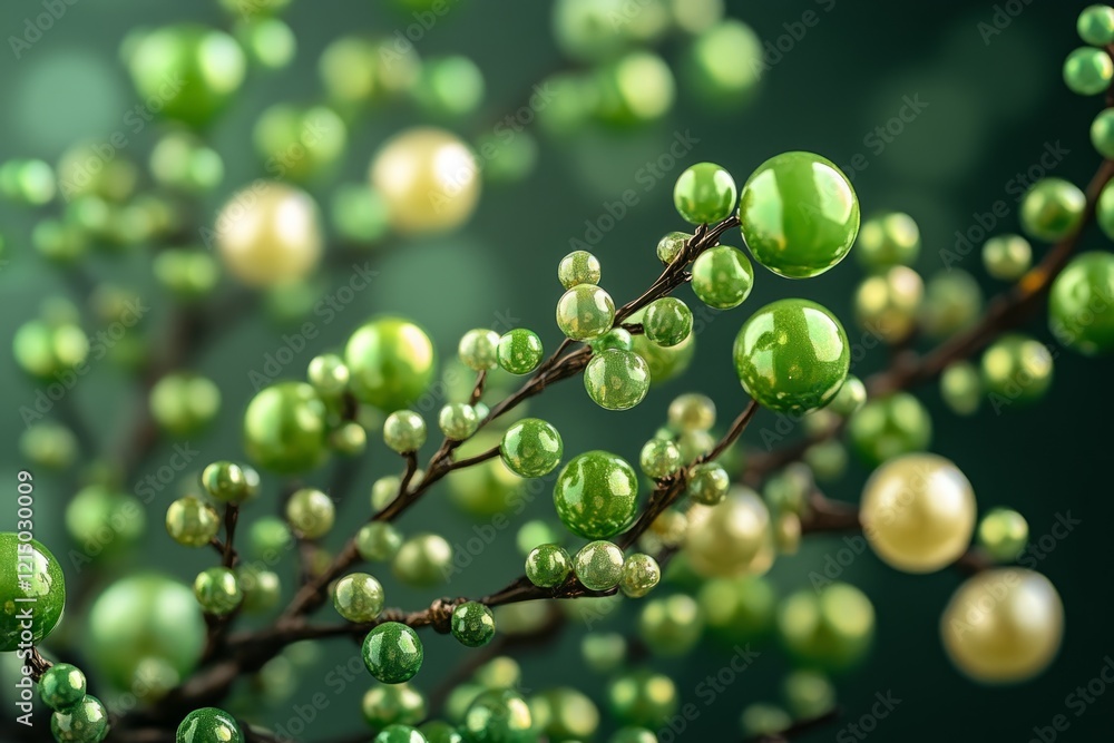 Fototapeta premium Close-up of decorative green and pearl beads hanging on a branch, evoking a festive and celebratory ambiance