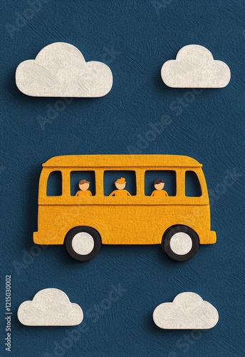 Cheerful Back to School Poster with Kids Riding on a Yellow Bus Among Clouds