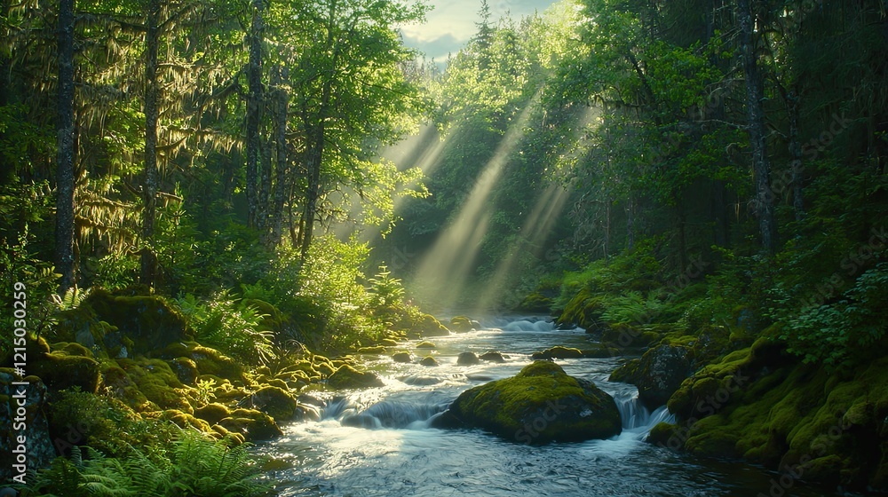 Fototapeta premium Sunlit forest stream nature scenic view