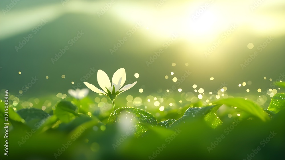 Delicate White Flower in Early Morning Light with Dew Drops Delicate White Flower in Early Morning Light with Dew Drops