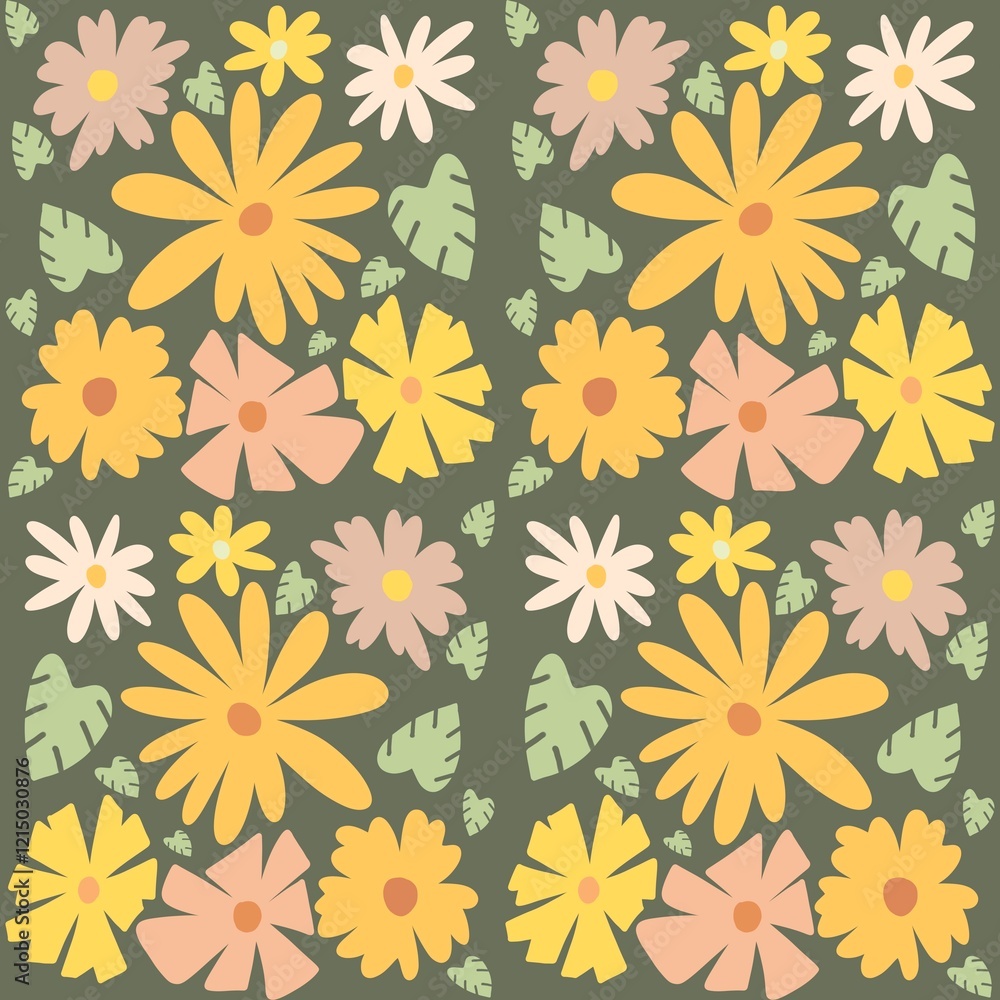 Cheerful Floral Pattern on Green Background Cheerful Floral Pattern on Green Background