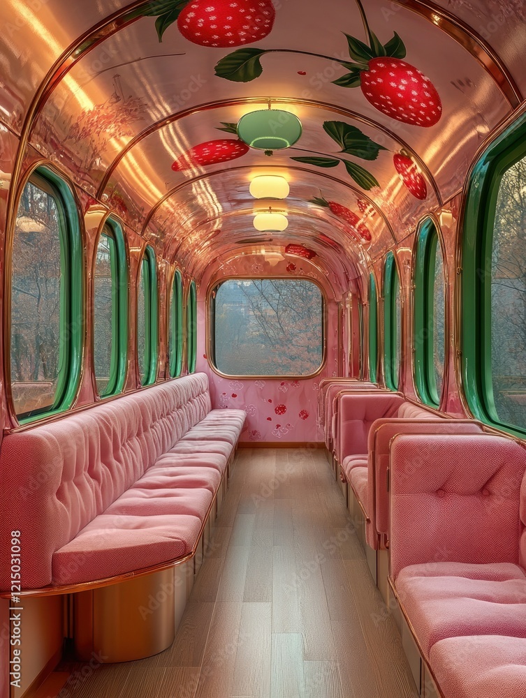 Fototapeta premium Whimsical strawberry-themed train interior enchanted forest decorative design cozy atmosphere artistic view unique concept