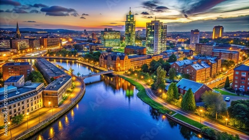 Leeds City Centre Night Aerial View: River Aire, Bridgewater Place & Train Station