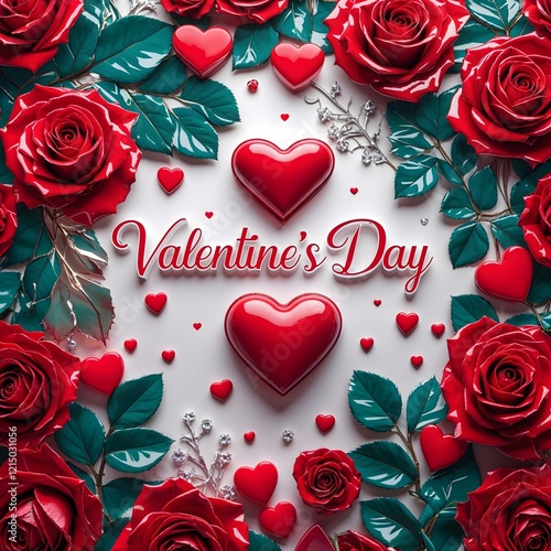 A vibrant Valentine's Day card concept featuring red hearts and roses. Valentine's Day 3D Text image.Happy valentines day greeting card banner lettering romantic red pink love heart theme.