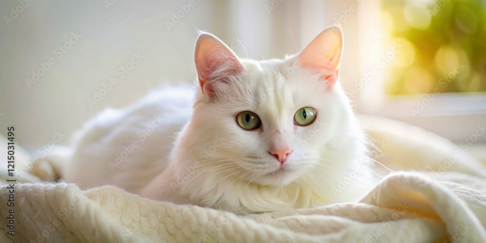 Fluffy White Cat Relaxing on Soft White Blanket, Cozy Home Interior Stock Photo Fluffy White Cat Relaxing on Soft White Blanket, Cozy Home Interior Stock Photo