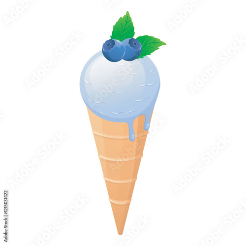 Ice cream in flat design. Blueberry frozen dessert ball in wafer cone. Vector illustration isolated.