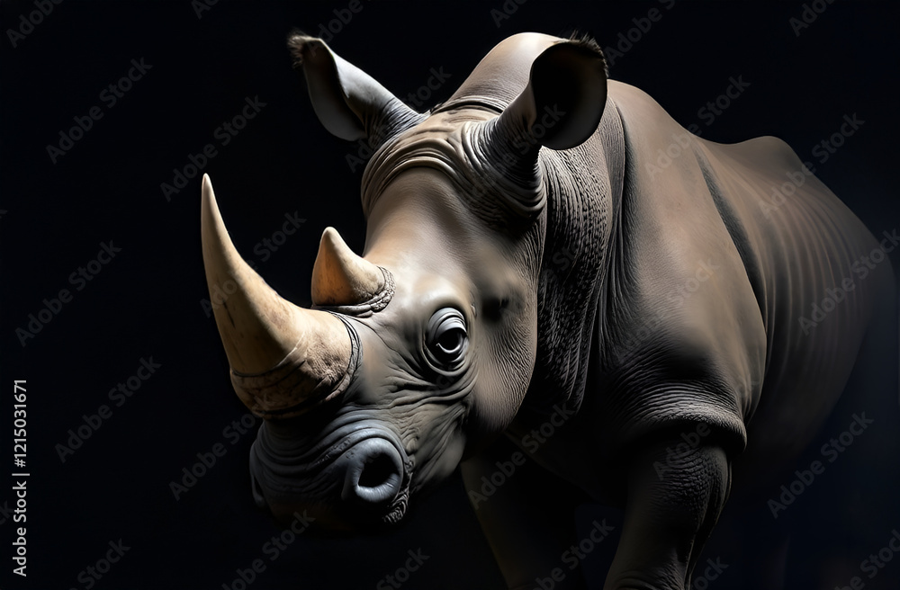 A magnificent rhinoceros is presently standing in the dark and intently looking at the camera positioned in front of it