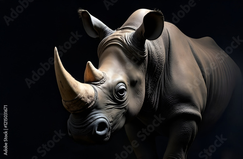 A magnificent rhinoceros is presently standing in the dark and intently looking at the camera positioned in front of it photo