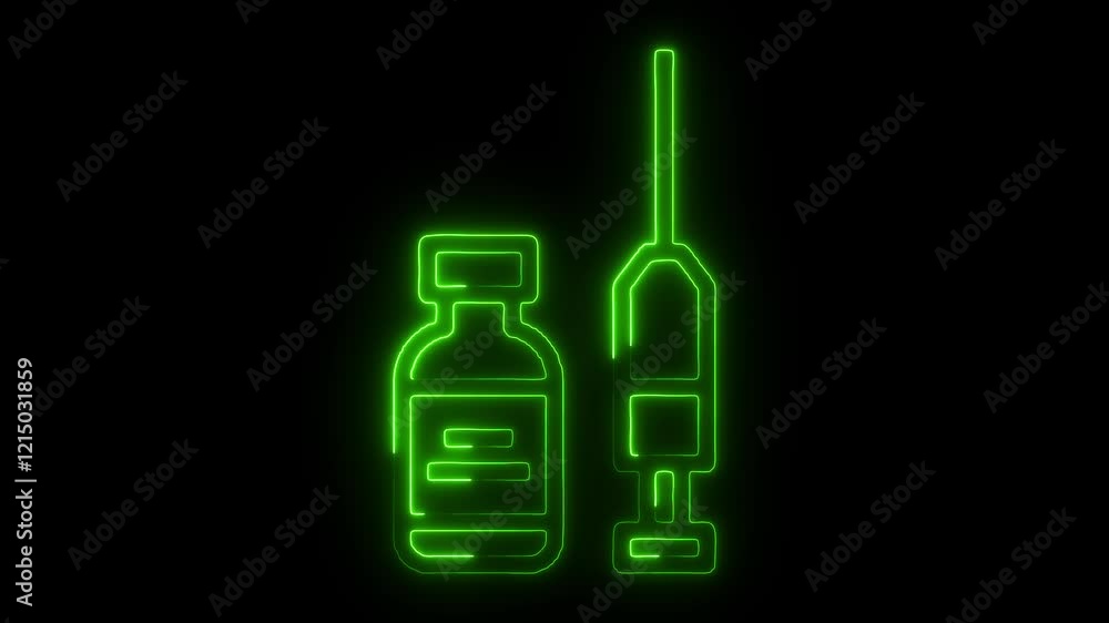 Glowing neon Bottle of liquid , injection icon isolated on black background. HD video motion graphic animation Glowing neon Bottle of liquid , injection icon isolated on black background. HD video motion graphic animation