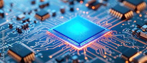 Close-up of a blue illuminated microchip on a circuit board, showcasing intricate details and advanced technology.
