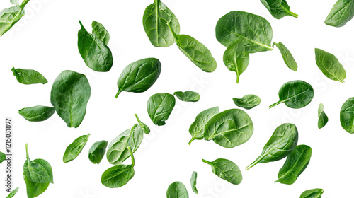 Spinach Shower: Fresh, vibrant spinach leaves cascade through the air, capturing the essence of healthy living and culinary creativity in this dynamic, isolated shot.