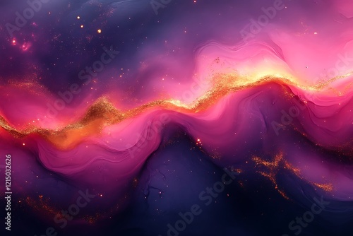 Abstract cosmic landscape with pink, gold, and purple swirls.
