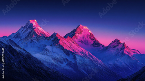 Glowing peaks of the majestic mountains during sunset in the Himalayas photo