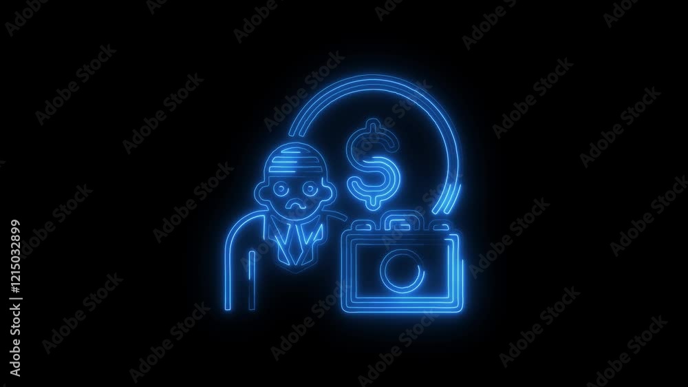 Glowing neon man, dollar coin, box icon isolated on black background. HD video motion graphic animation Glowing neon man, dollar coin, box icon isolated on black background. HD video motion graphic animation