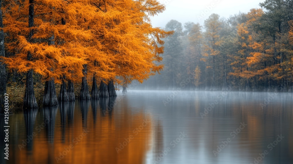 Fototapeta premium Autumn trees reflect in misty lake